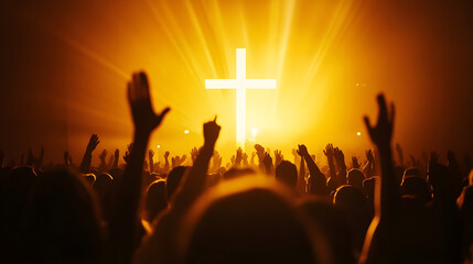 Fototapeta premium Vibrant Worship Scene with Cross and Raised Hands Amidst Radiant Light at Religious Event : Generative AI