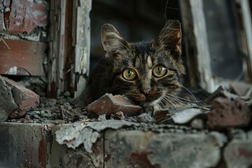 Obraz premium Homeless cat hiding in destroyed building rubble looking with hope