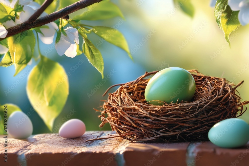 Poster nest with a green egg in it and a few other eggs around it