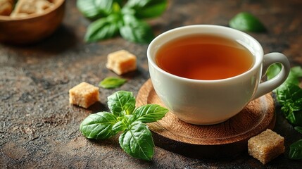 Warm cup of herbal tea with fresh mint leaves and sugar cubes on a rustic wooden background in a cozy setting