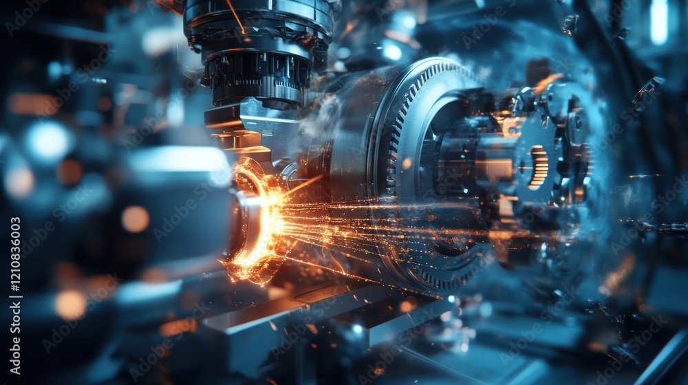 Poster complex machinery with gears and a robotic arm is operating in a factory, generating sparks and demo