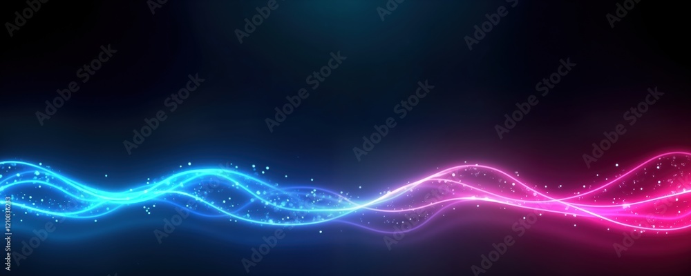 Poster abstract tech design with blue, pink neon lights. dynamic glowing lines create wavy patterns on dark