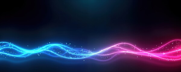 Fototapeta premium Abstract tech design with blue, pink neon lights. Dynamic glowing lines create wavy patterns on dark background. Futuristic, modern visuals perfect for digital screens presentations. Stylish colors,