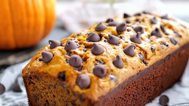 Freshly baked chocolate chip banana bread on rustic table with pumpkins in background