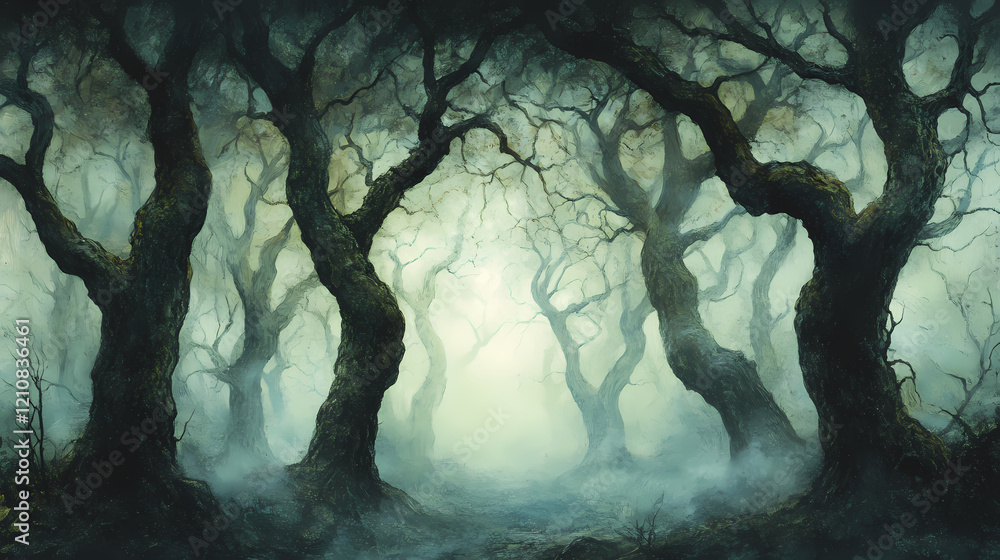 Wall mural In eerie woods shrouded in fog, dark shadows stretch among twisted trees, whispers echo in the stillness, creating an unsettling, haunting atmosphere of nightmare. Whispering Woods. Illustration