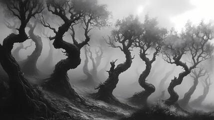 In eerie woods shrouded in fog, dark shadows stretch among twisted trees, whispers echo in the stillness, creating an unsettling, haunting atmosphere of nightmare. Whispering Woods. Illustration