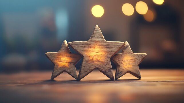 Three glowing wooden stars on a rustic table, bokeh background.