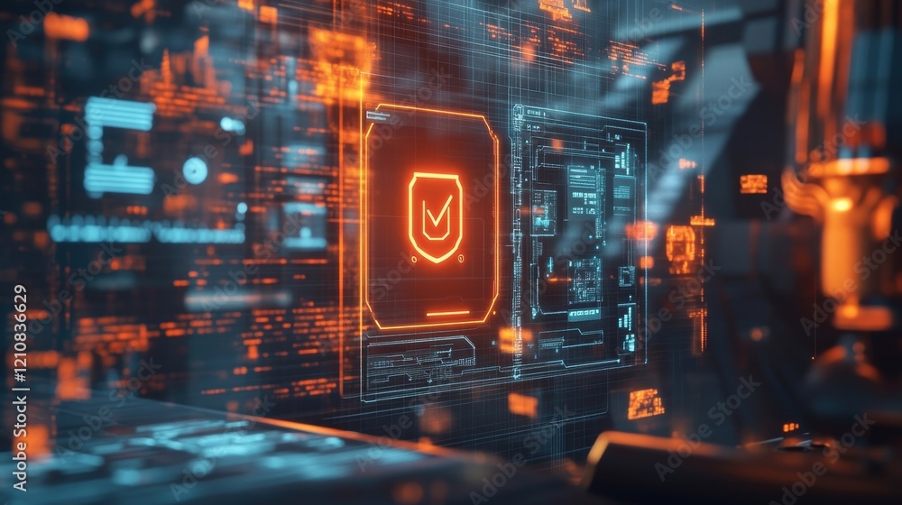 Poster cybersecurity system is displaying security check mark on digital display in futuristic server room,