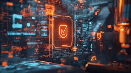 Obraz premium Cybersecurity system is displaying security check mark on digital display in futuristic server room, ensuring data protection and network safety in digital environment