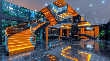 Fototapeta premium Modern home interior, grand staircase, illuminated wood, glass, luxury living