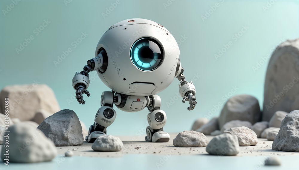 Poster quirky robot navigates rocky terrain. ai robot explores rocky landscape. future tech concept. innova