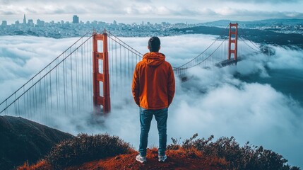 Person gazing at Golden Gate Bridge shrouded in fog with San Francisco skyline in the background during early morning