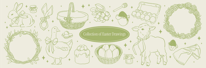 Hand drawn Spring and Easter Collection. Doodle cute drawing for decor, greeting cards, invitations. Village summer style. Flower wreaths, bunny, goose with bow, lamb, Easter chocolate eggs. © Alena creator