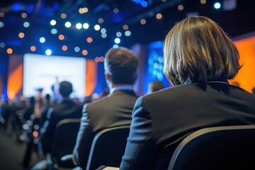 The view from the back of an audience at a business conference, people sitting and listening to presenters on stage in front, a wide-angle shot, with a blurred background Generative AI