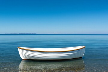 Naklejka premium Small white boat is floating in the ocean