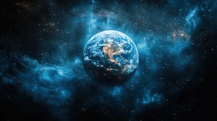 Obraz premium View of Earth surrounded by glowing cosmic nebulae and stars in deep space at nighttime