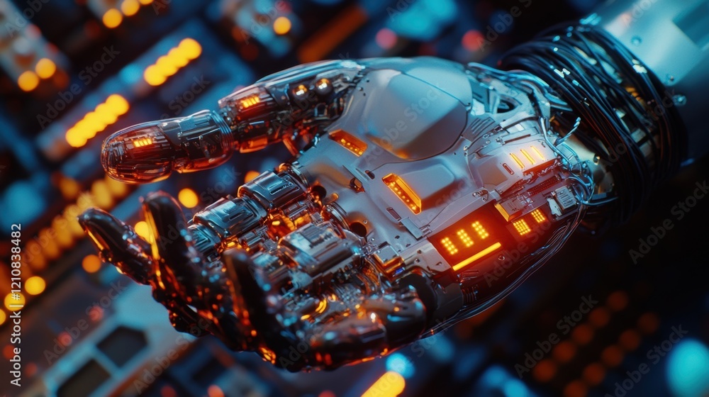 Poster complex robotic hand with glowing orange lights is interacting with advanced technology, showcasing 