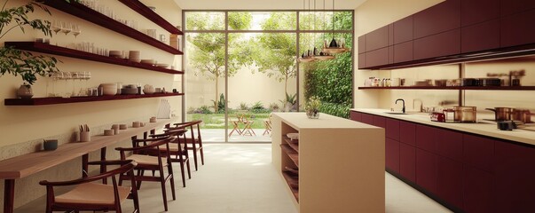A modern kitchen interior in 3D with burgundy cabinets and a soft beige island counter