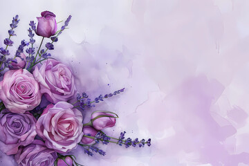  a wedding bouquet of purple roses and lavender on a soft purple background with free space on the right for inserting text 