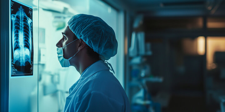 Portrait of male surgeon looking at x-ray in operation room