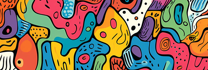 Obraz premium A bold and colorful abstract composition with fluid shapes, playful patterns, and dynamic lines. Perfect for modern design, creative projects, and artistic prints.