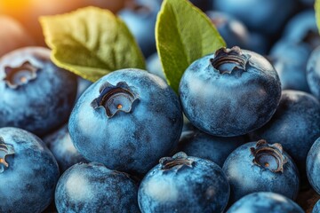 Obraz premium Plump blueberries with fresh leaves ready for snacking or baking treats. Generative AI