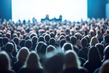 Obraz premium an audience in the front row of a conference hall, seen from behind with people listening to someone speaking on stage Generative AI