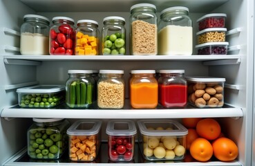 Organized refrigerator interior various food items in clear containers. Fresh produce like fruits, vegetables neatly arranged along with packaged food, snacks. Clean, hygienic organization evident.