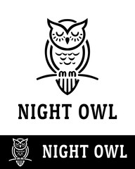 Minimalist night owl logo design featuring a sleek owl illustration with closed eyes in black and white 