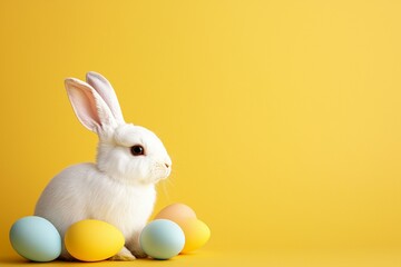White rabbit is standing in front of a yellow background with a few eggs