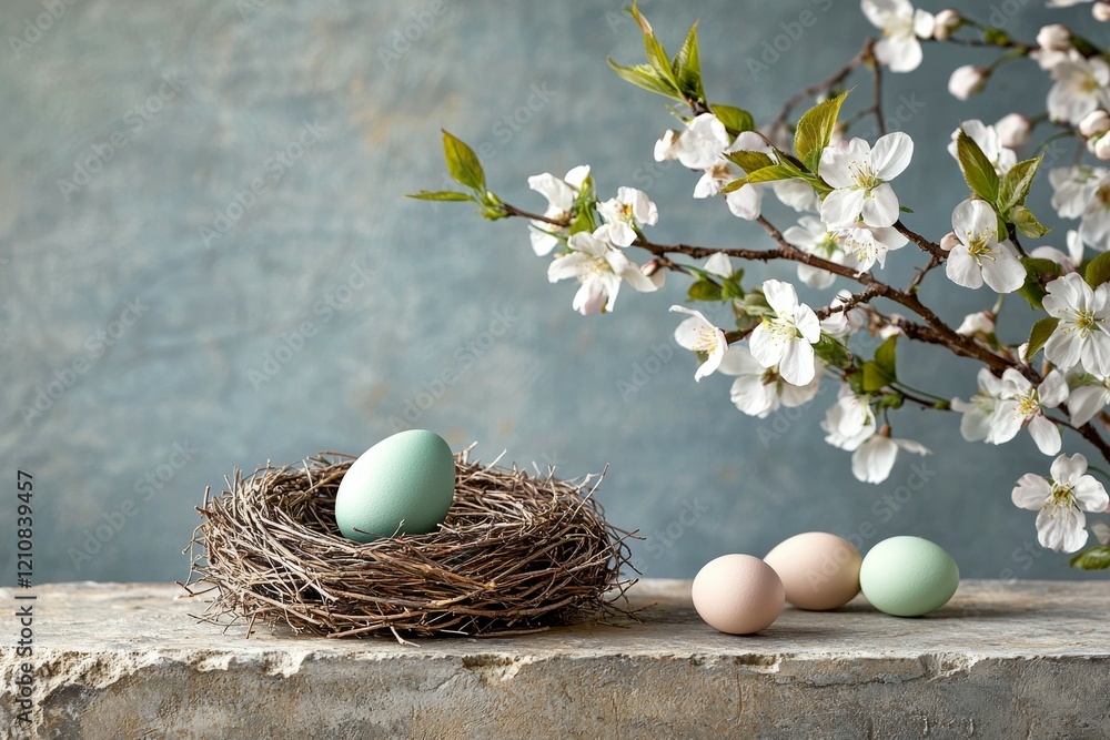 Poster nest with three eggs and a small egg in it