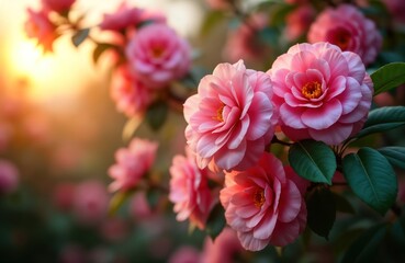 Pink camellia flowers bloom beautifully in garden setting at sunset. Spring nature landscape. Soft focus on flowers in soft golden light. Beautiful nature photo. Perfect for spring season nature