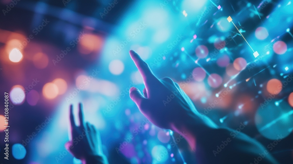 Poster hands interacting with glowing network representing immersive digital environment, blending virtual 