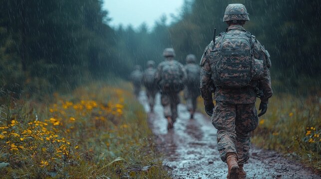 Soldiers marching through a muddy trail in the rain during a training exercise in a forested area