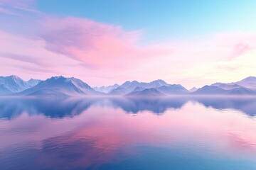 Fototapeta premium 3d render, abstract landscape background. Panoramic scenery. Seascape with calm water and mountains under the pink blue sky, fantasy wallpaper