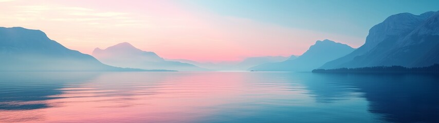 3d render, abstract landscape background. Panoramic scenery. Seascape with calm water and mountains under the pink blue sky, fantasy wallpaper