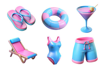 A vibrant 3D icon set showcasing flip-flops, a life ring, cocktail, swimsuit, beach chair, and swim shorts for summer fun.  .