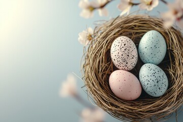 Obraz premium Nest of four eggs, two of which are blue and two of which are pink