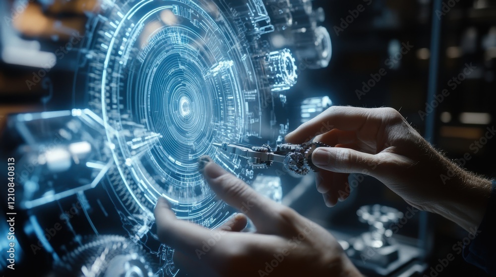 Poster engineer uses a holographic interface and augmented reality technology to create a complex mechanism