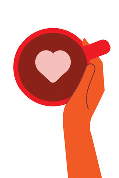 Red coffee cup with heart latte art, minimalist vector illustration. Modern winter beverage concept. Cozy romantic cafe design, card or article in flat style on white background. Vertical layout. 