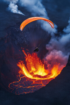 Gleitschirmflieger &uuml;ber einem aktiven Vulkan mit flie&szlig;ender Lava

