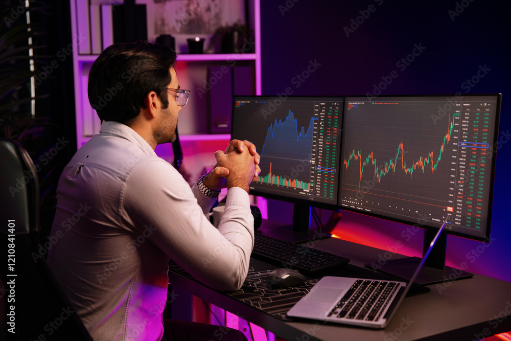 Poster smart trader businessman concentrating on dynamic stock exchange investment on pc and laptop showing