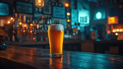 Pint of beer on bar top, pub atmosphere, blurred background