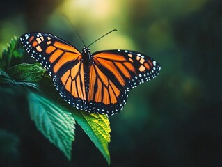 Obraz premium Vibrant monarch butterfly resting on a green leaf in a natural forest setting