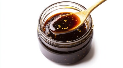 A jar of tangy teriyaki glaze with a perfect balance of sweetness and umami, Each spoonful’s glossy sheen and savory-sweet flavor captured with precision