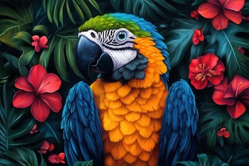 Fototapeta premium colorful portrait of a natureinspired parrot adorned with intricate patterns and bright colors set against a lush tropical background celebrating wildlife and beauty