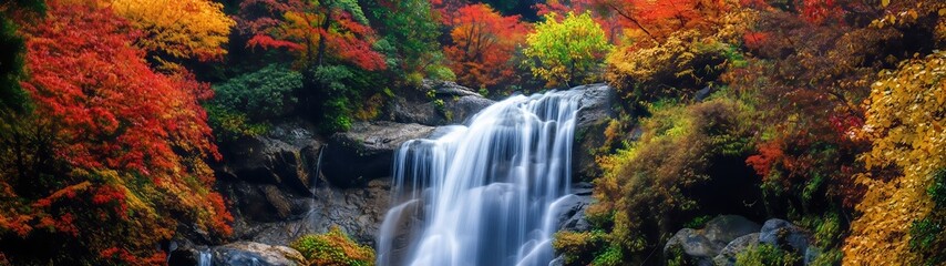 Fototapeta premium Amazing in nature, beautiful waterfall at colorful autumn forest in fall season