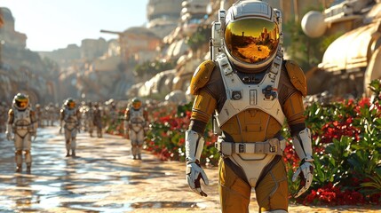 Explorers in futuristic spacesuits traverse a vibrant alien landscape filled with colorful flora and advanced architecture