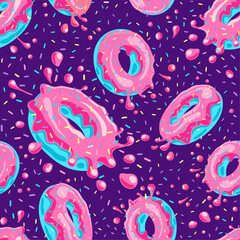 Donuts with pink glaze falling on purple background. Splashes of colored glaze and colored sprinkles. Seamless pattern. Texture for fabric, wrapping, wallpaper