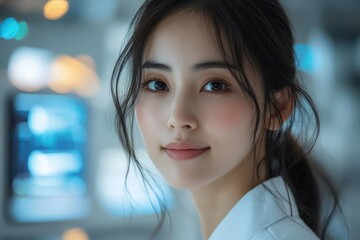 Obraz premium compassionate asian female doctor in modern medical facility soft natural lighting holographic medical displays clean minimal aesthetic